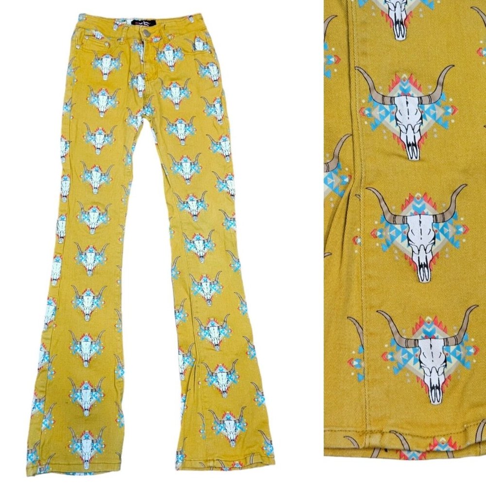 Fallon Taylor Western Steer Skull Jeans Bootcut Flare Mustard Yellow‎ 27 X 32